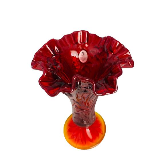 Fenton Ruby Red Amberina Cadmium Glass Stretch Vase Ruffled Tulip Orange Glows - Picture 2 of 11